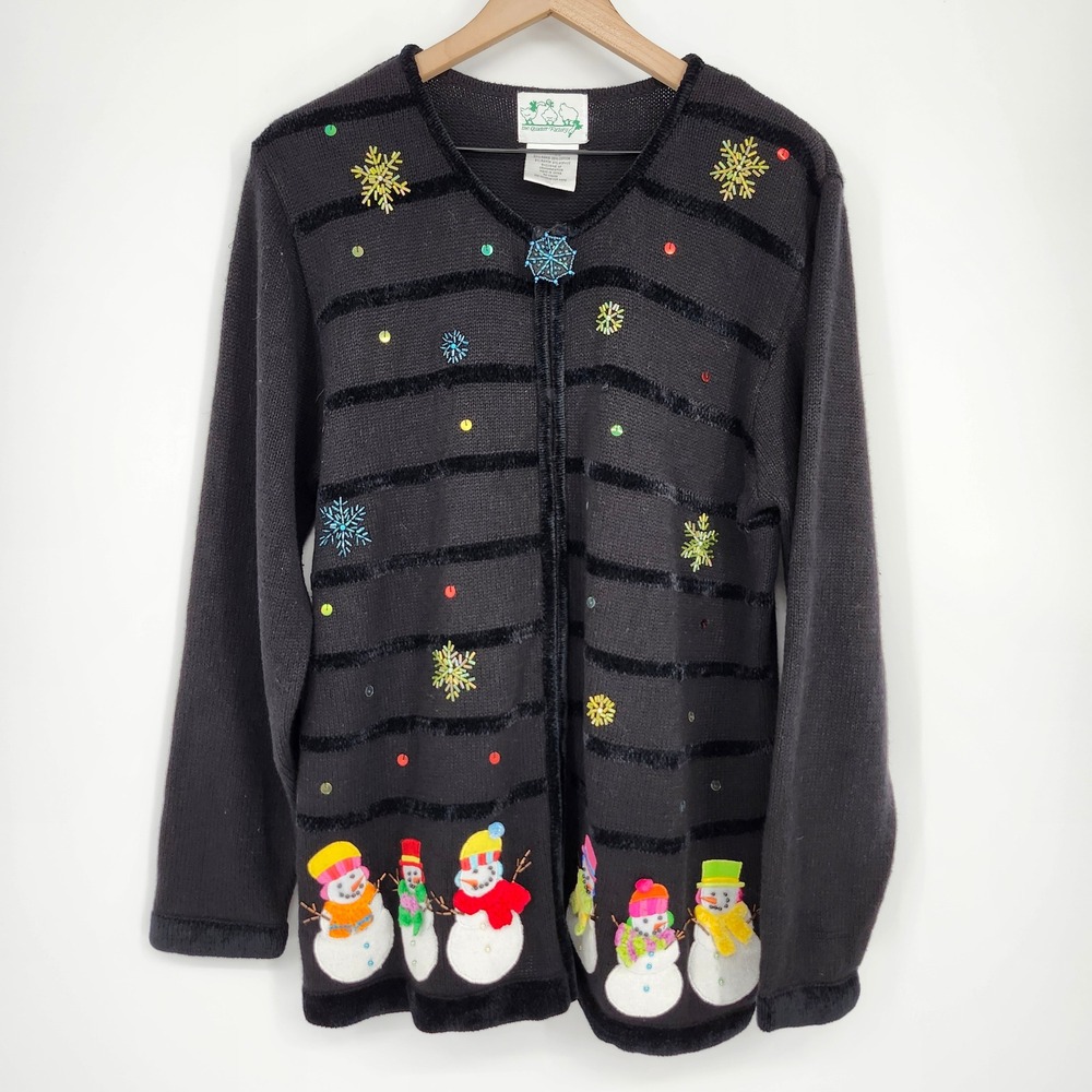 Quacker Factory Womens Snowman Christmas Holiday Cardigan Size L Festive Party
